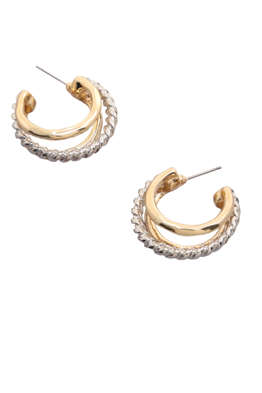 Gold and Twisted Silver Layered Hoop Stud Earrings