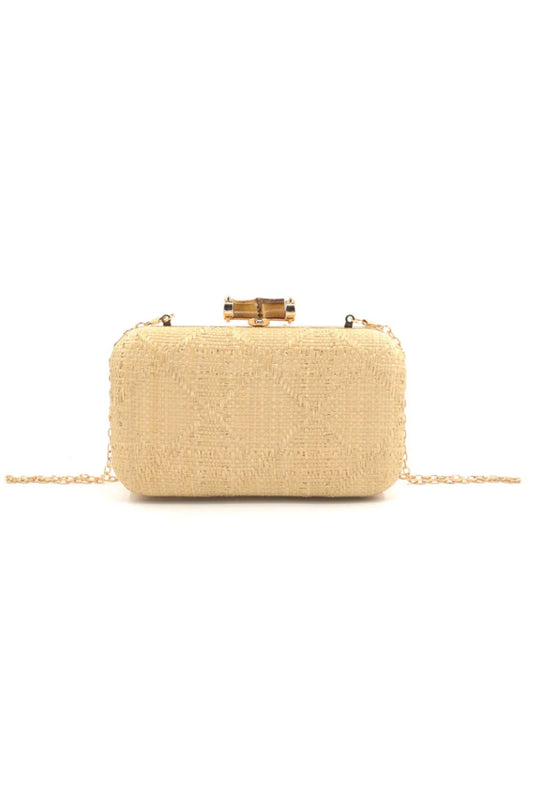 Woven Raffia Bamboo Embellished Clutch