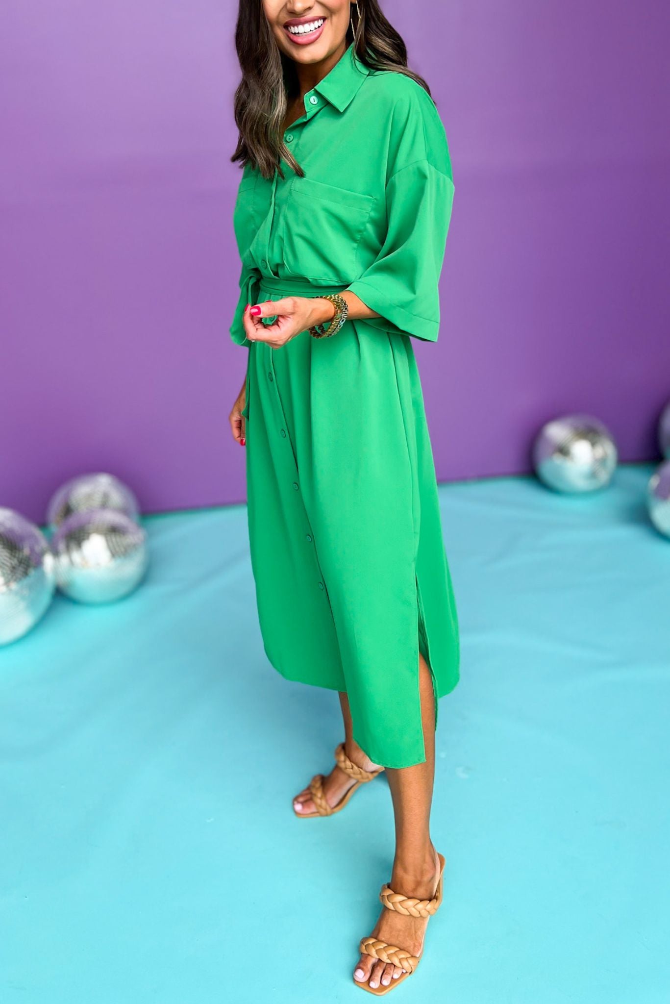 Green Collared Button Down Tie Waist Midi Shirt Dress, dress, shirt dress, midi shirt dress, tie dress, tie waist dress, green dress, button down dress, must have dress, elevated dress, elevated style, summer dress, summer style, Shop Style Your Senses by Mallory Fitzsimmons, SSYS by Mallory Fitzsimmons