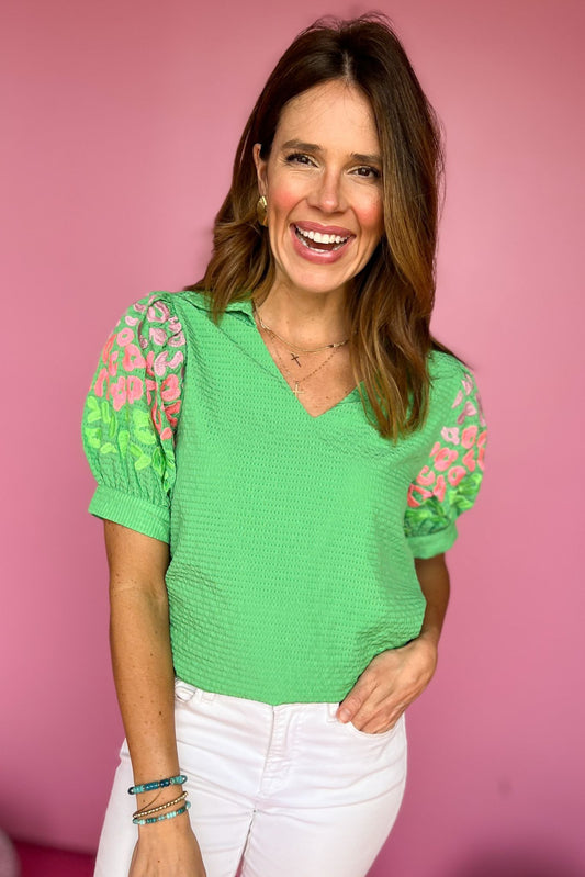 Green Textured Open Collared Neck Short Animal Print Peasant Sleeve Top, top, green top, collared neck top, animal print, peasant sleeve top, must have top, elevated top, elevated style, summer top, summer style, Shop Style Your Senses by Mallory Fitzsimmons, SSYS by Mallory Fitzsimmons