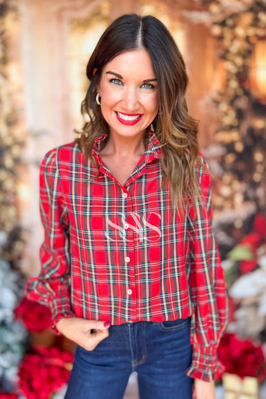 SSYS Serena Plaid Puff Smocked Long Sleeve Button Down Top In Red