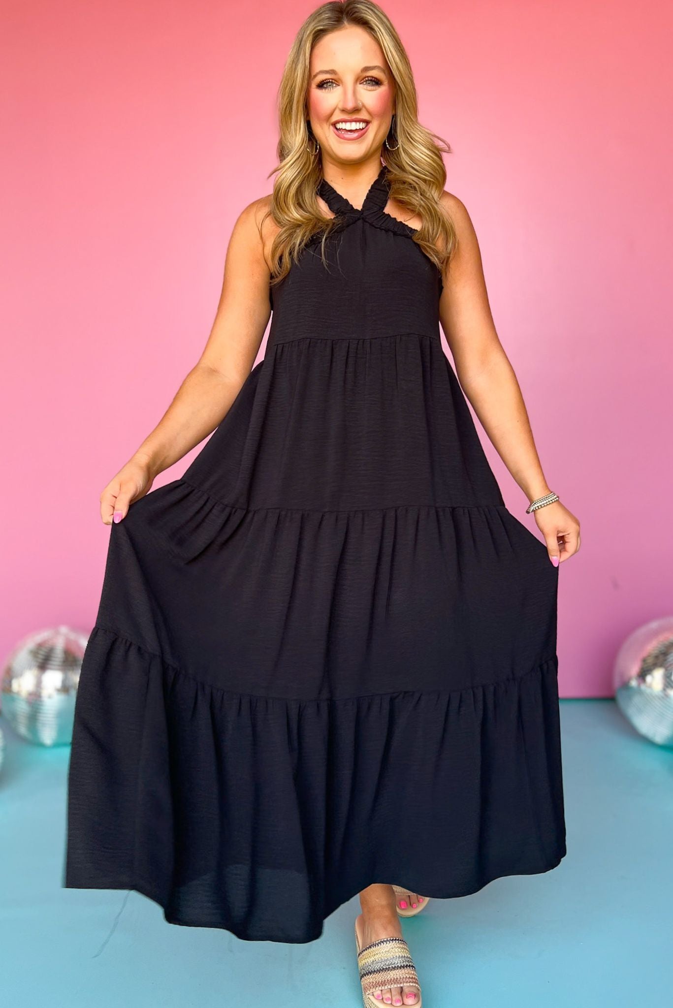 Black Halter Neck Tiered Midi Dress, dress, black dress, halter dress, midi dress, must have dress, elevated dress, elevated style, summer dress, summer style, Shop Style Your Senses by Mallory Fitzsimmons, SSYS by Mallory Fitzsimmons