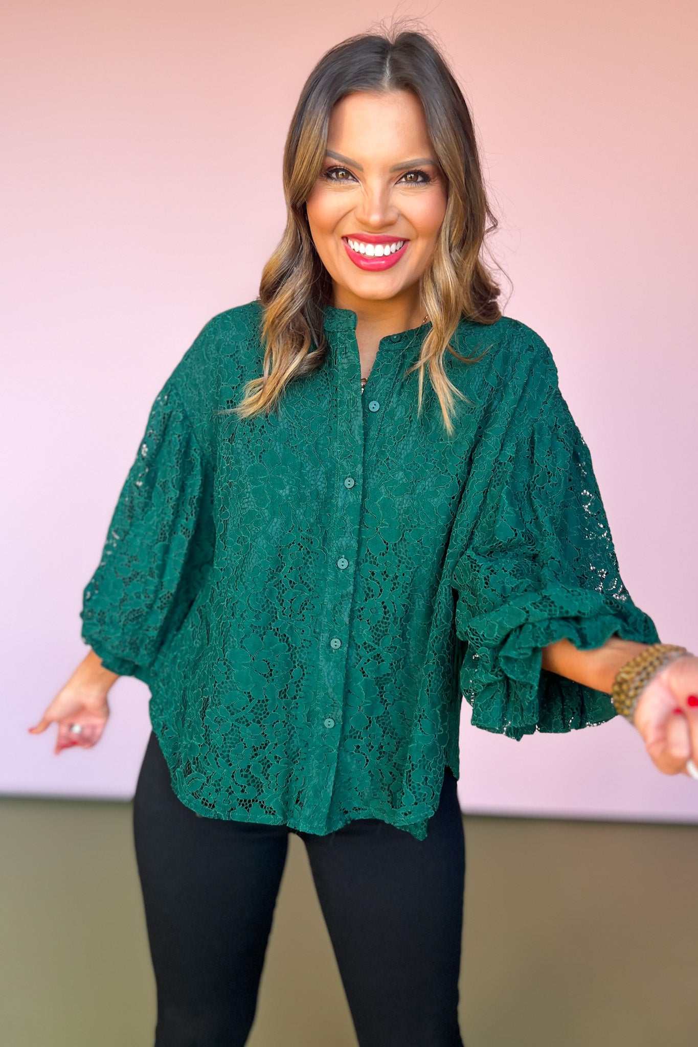 Hunter Green Lace Bubble Sleeve Button Front Top