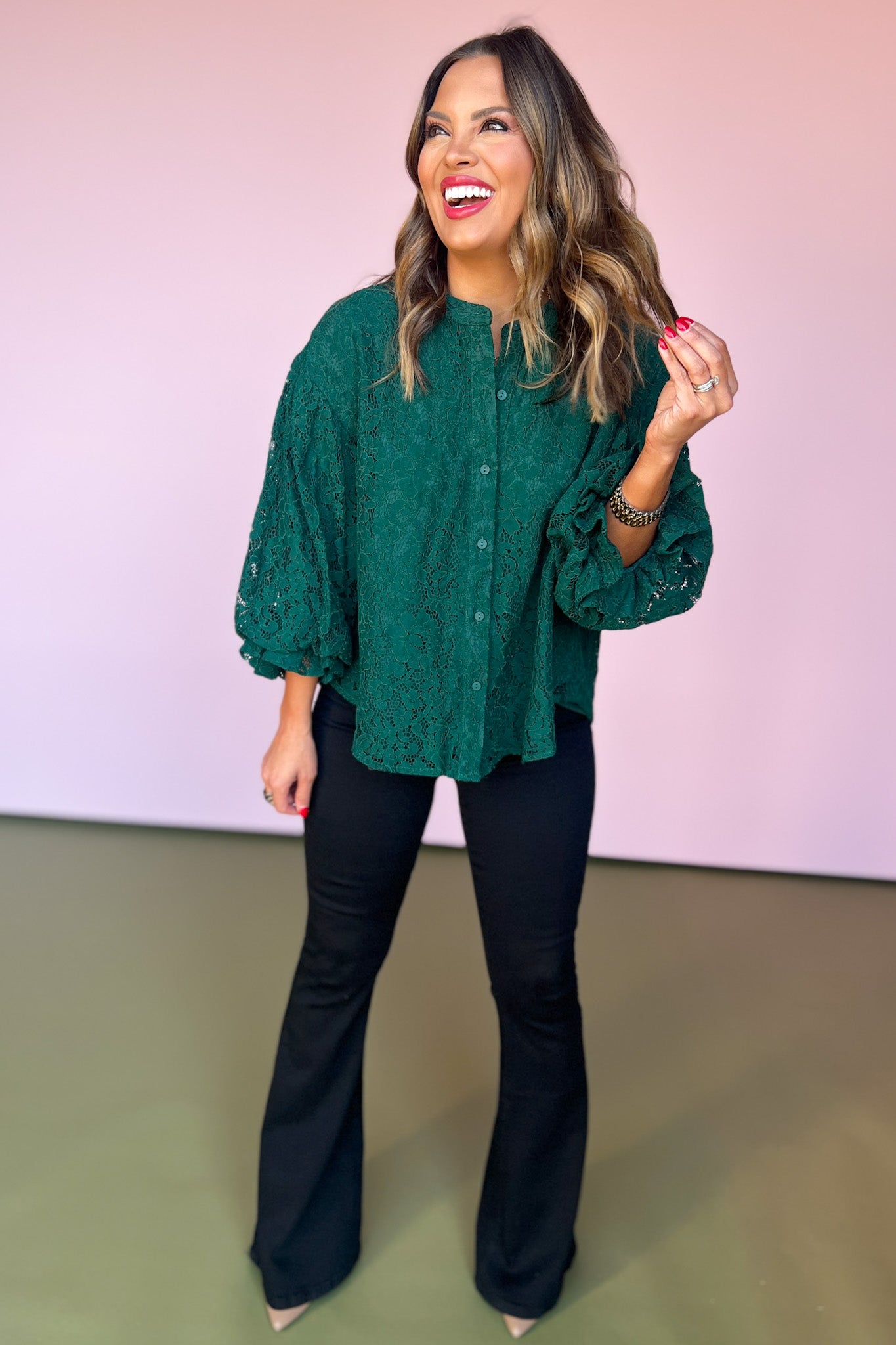 Hunter Green Lace Bubble Sleeve Button Front Top