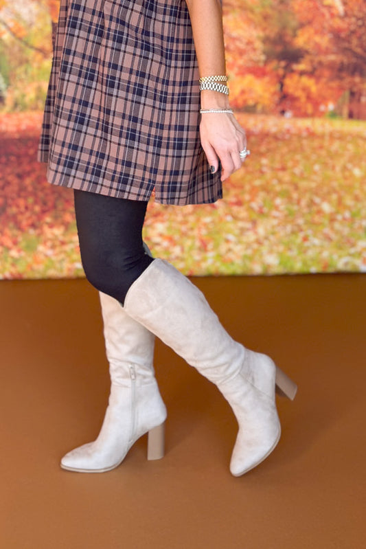 Stone Suede High Knee Heel Boots