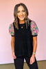 Black Contrast Sequin Short Puff Sleeve Top