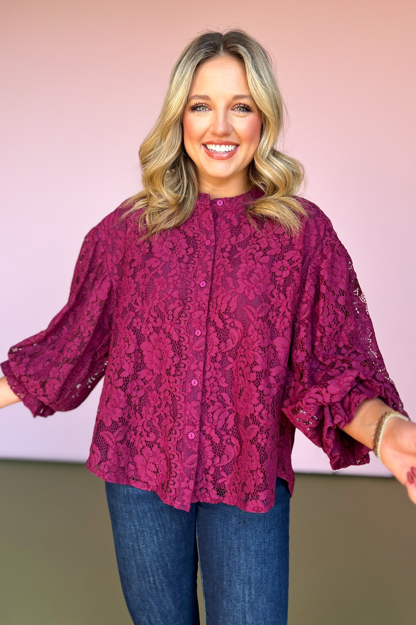 Maroon Lace Bubble Sleeve Button Front Top