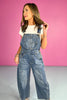 SSYS Mila Denim Barrel Overalls, comfy, versatile, unique, casual, roomy, pocket details, belt loops, adjustable straps, ssys by mallory fitzsimmons