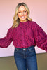 Maroon Lace Bubble Sleeve Button Front Top