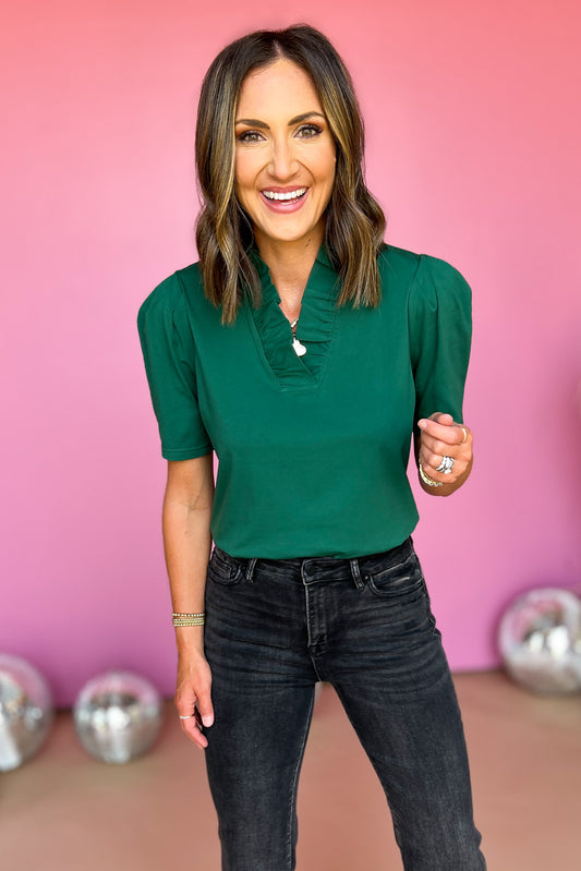  SSYS The Savannah Ruffle Collar 3/4 Sleeve Top In Hunter Green, ssys the label, ssys top, savannah top, must have top, ruffle neck top, elevated top, mom style, fall style, fall fashion, shop style your senses by Mallory Fitzsimmons, ssys by Mallory Fitzsimmons