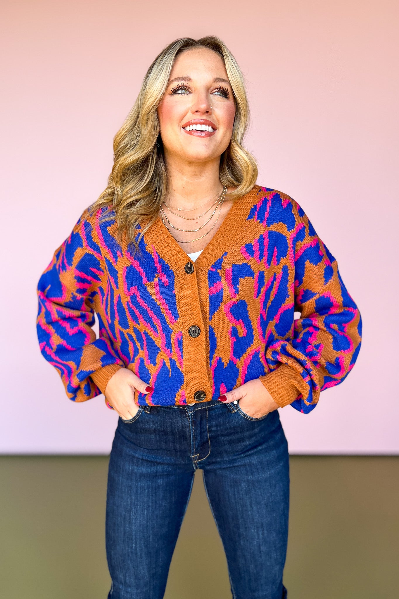 Rust Animal Print Button Down Cardigan Sweater, comfy, layering piece, warm, cozy, everyday wear, work top, church top, ssys by mallory fitzsimmons