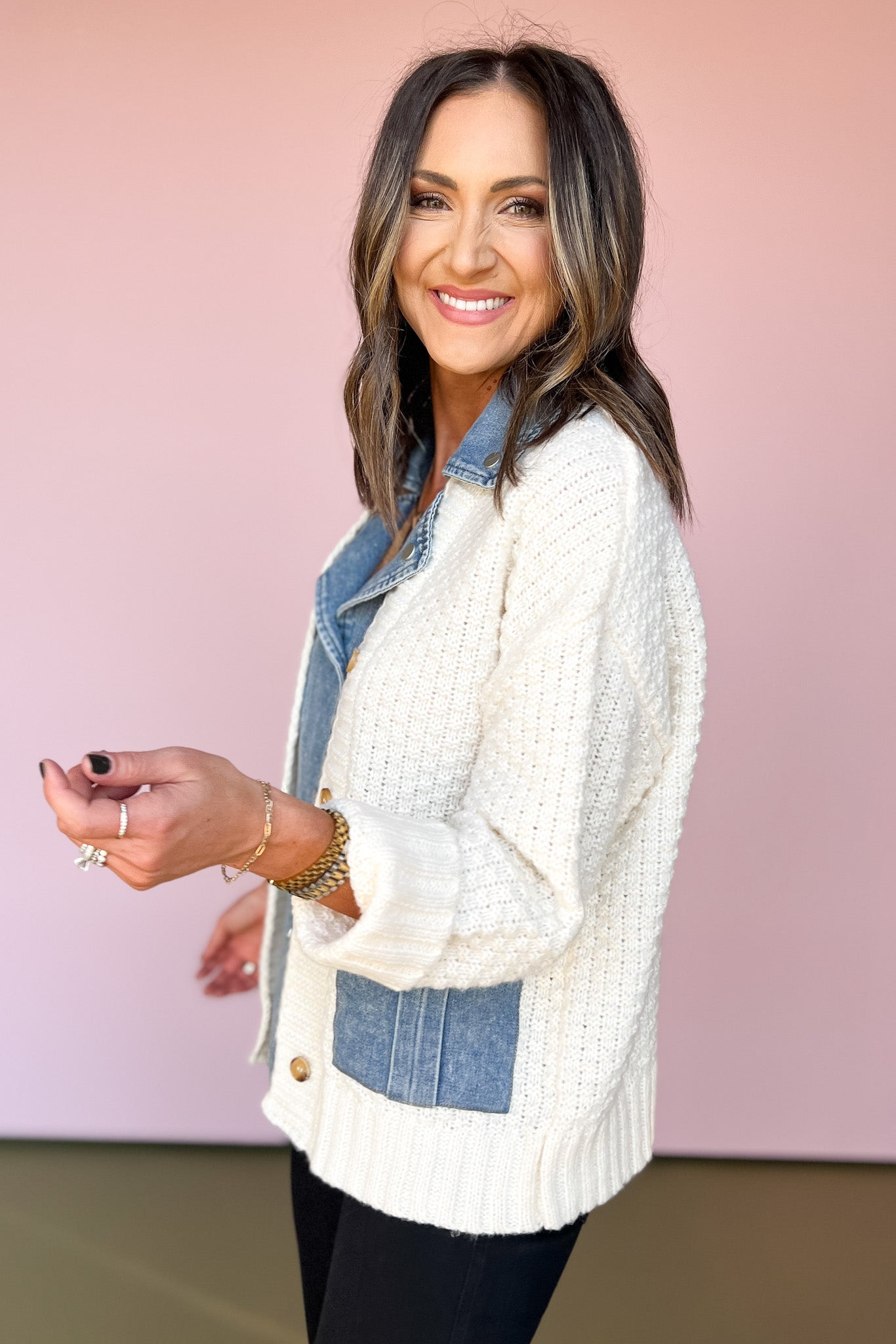 Cream Faux Snap Denim Detail Sweater Cardigan