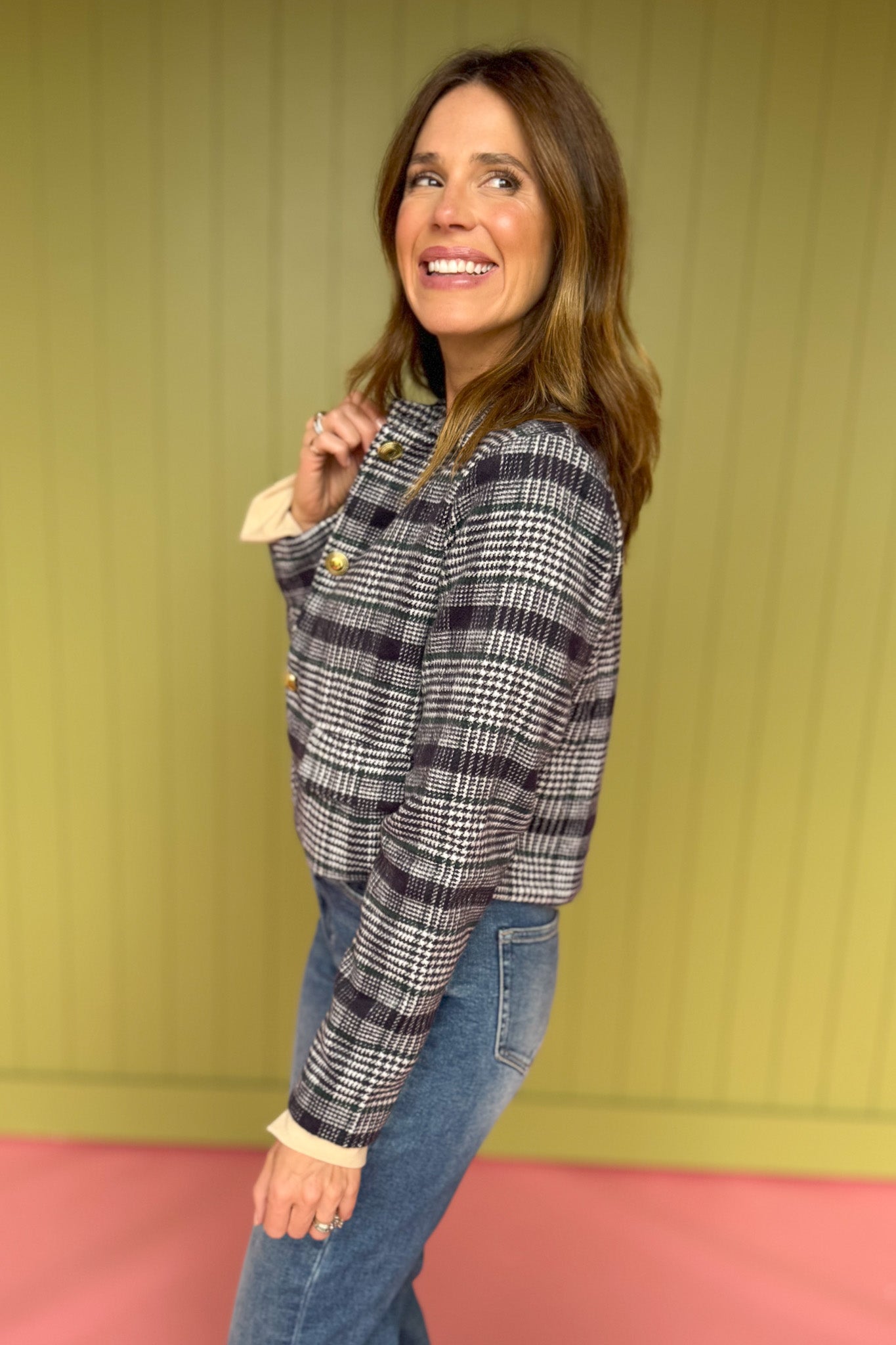 Navy Plaid Button Front Jacket