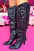 Black Sequin Knee High Boots