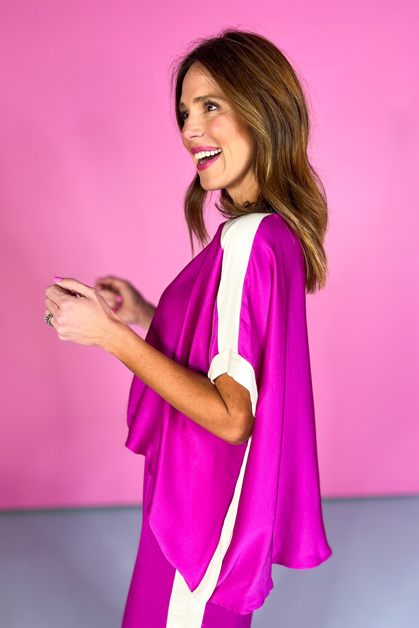 Orchid Silk Contrast Band Top, white stripe detail, breathable, flowy, ssys by mallory fitzsimmons