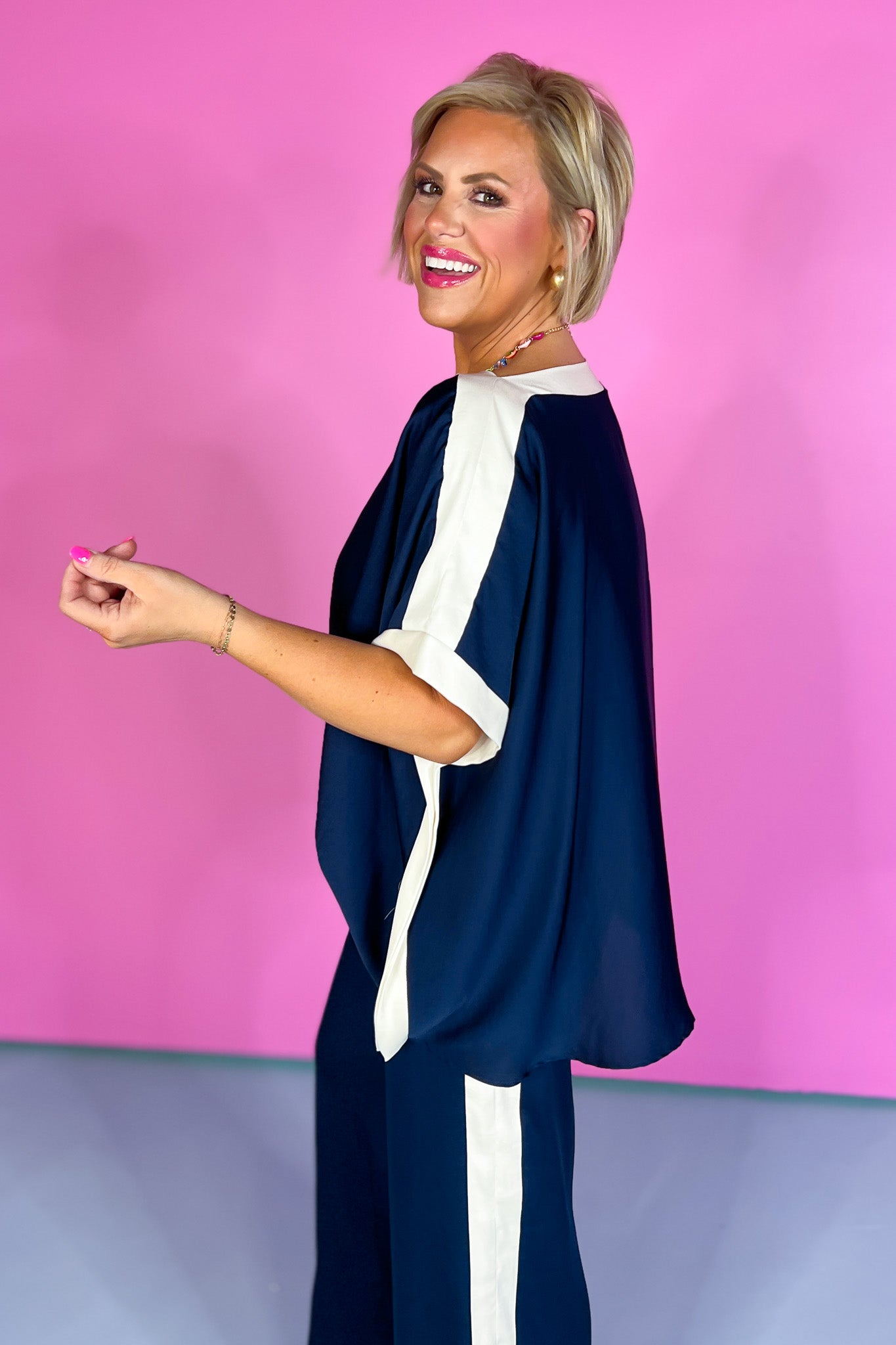 Navy Silk Contrast Band Top, white stripe detail, breathable, flowy, ssys by mallory fitzsimmons