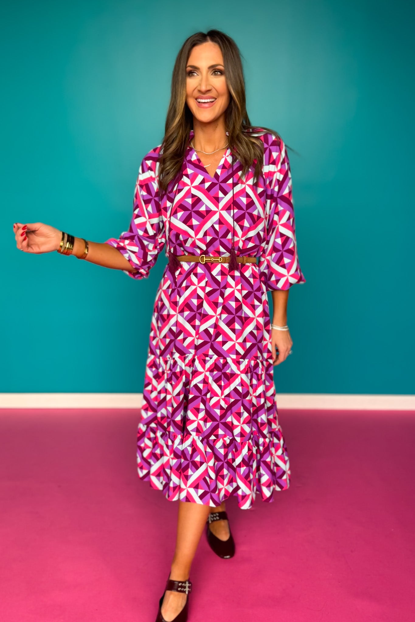 SSYS Rowan Long Sleeve Maxi Dress In Plum and Magenta Geometric