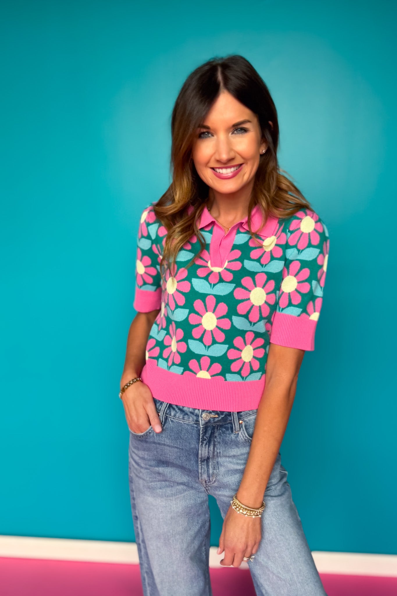 *PRE-AUTHORIZE* SSYS Posie Short Sleeve Sweater In Pink Floral