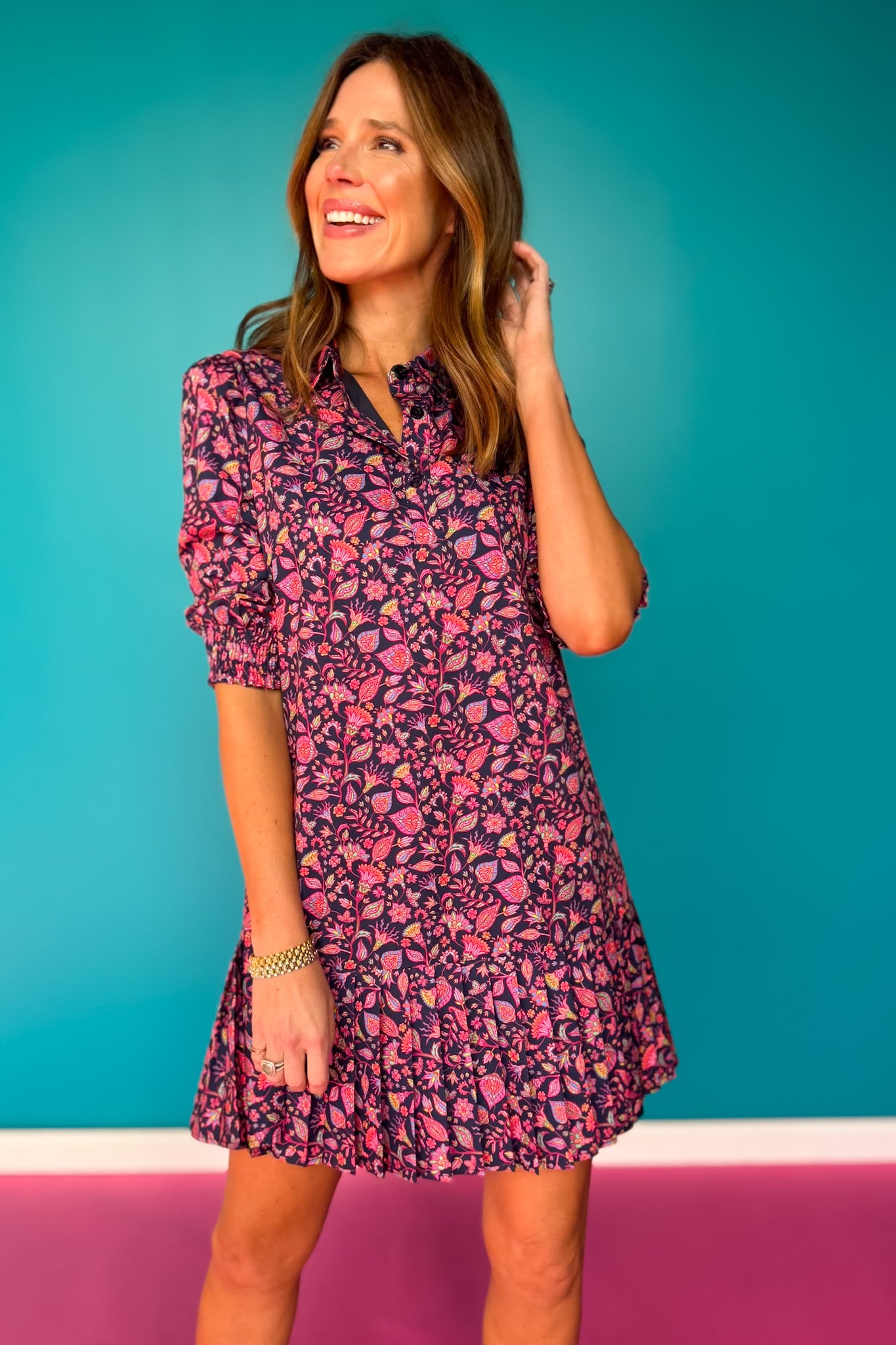 SSYS Phoebe Smocked Long Sleeve Pleated Bottom Dress In Bright Floral