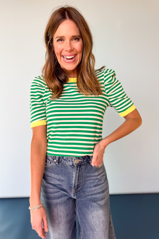 Green Striped Contrast Band Short Sleeve Top, trendy, spring style, mom style, easy to wear, new arrivals, boutique wear, style with denim, ssys by mallory fitzsimmons