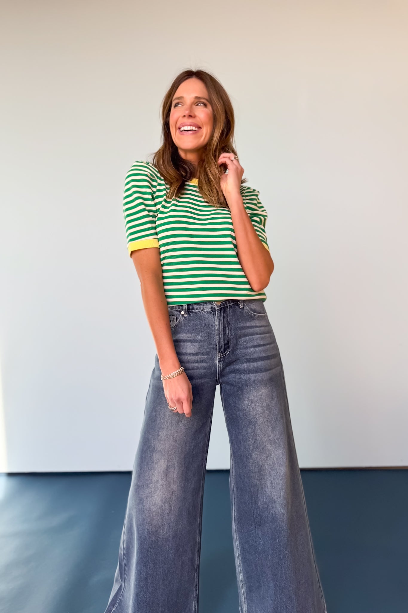 Green Striped Contrast Band Short Sleeve Top, trendy, spring style, mom style, easy to wear, new arrivals, boutique wear, style with denim, ssys by mallory fitzsimmons