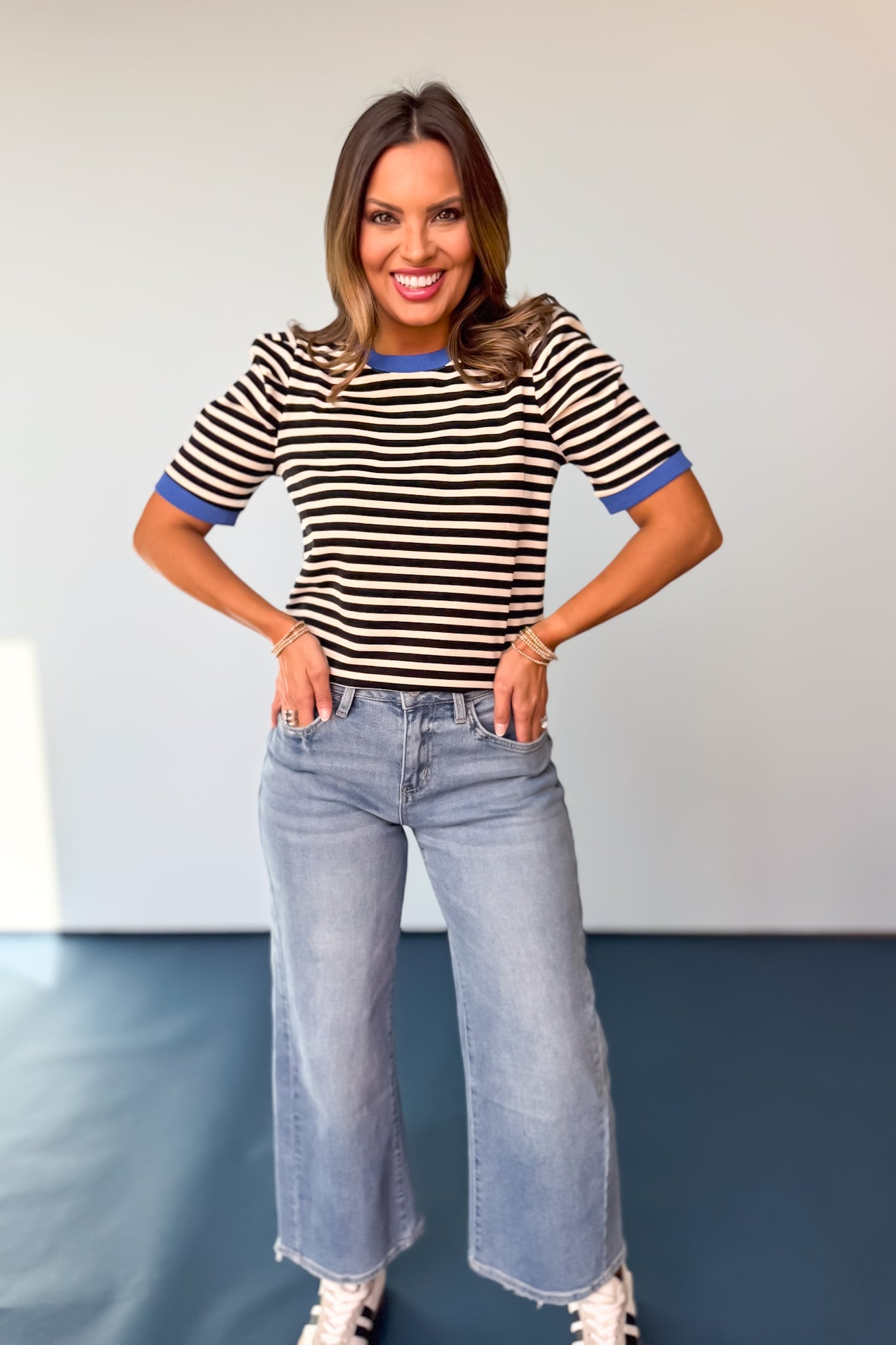 Black Striped Contrast Band Short Sleeve Top, trendy, new arrivals, mom style, boutique style, spring ready, wear with denim, stripes, ssys by mallory fitzsimmons