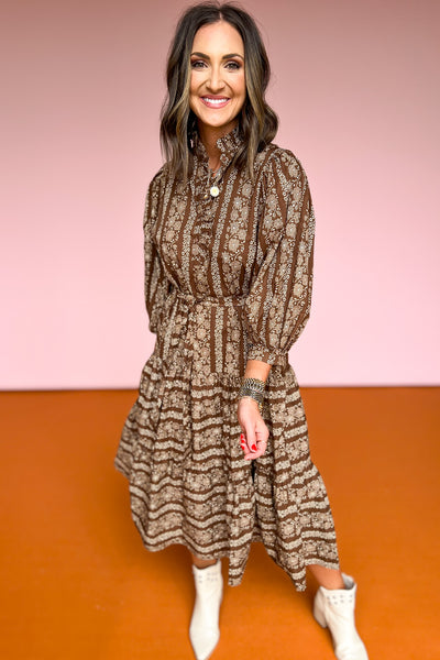Brown Floral Print 3/4 Sleeve Button Front Self Tie Waist Midi