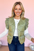 Olive Green Quilted V Neck Ruffled Detail Zip Front Vest