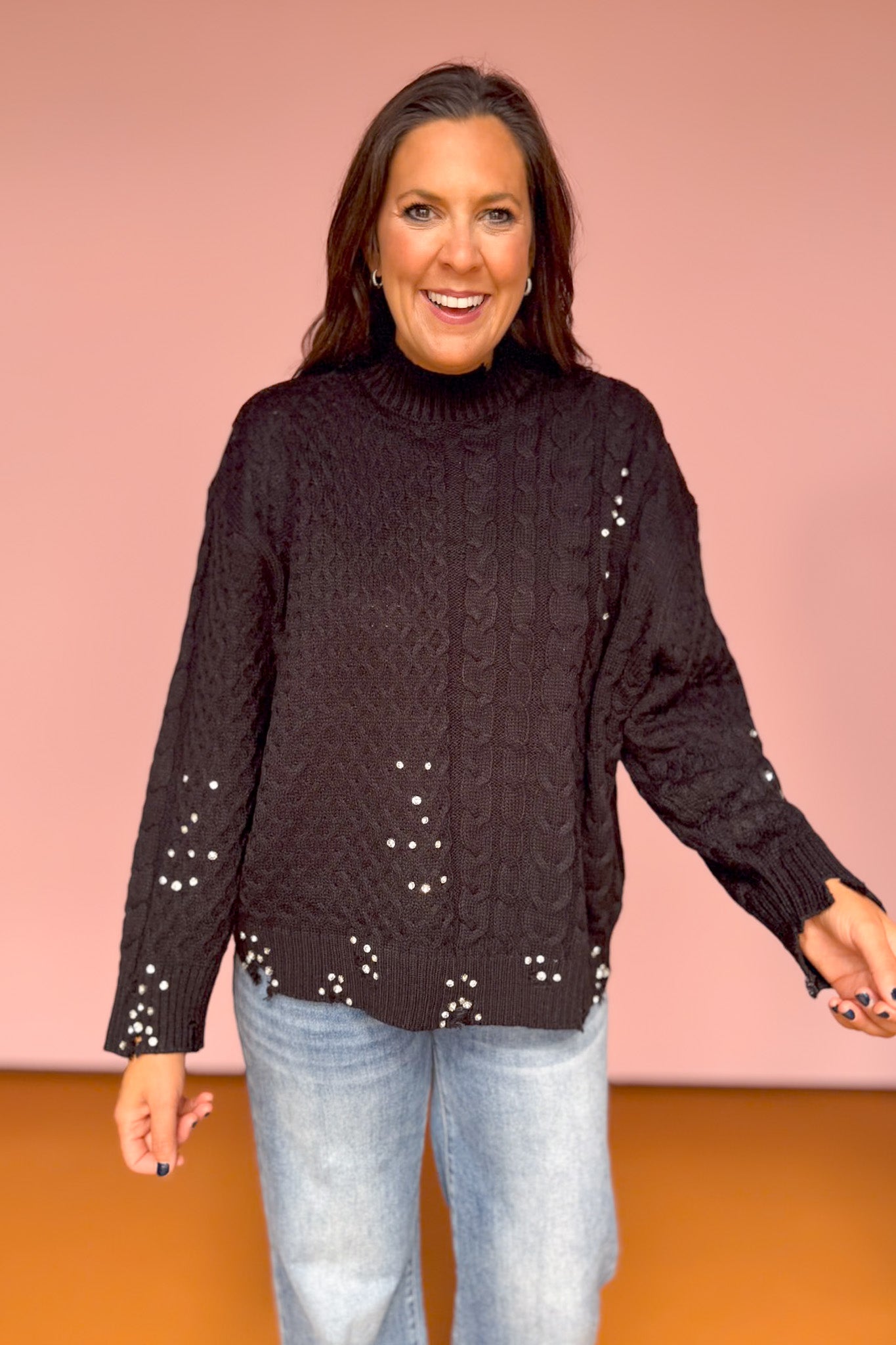 Black Mock Neck Distressed Jewel Embellished Sweater