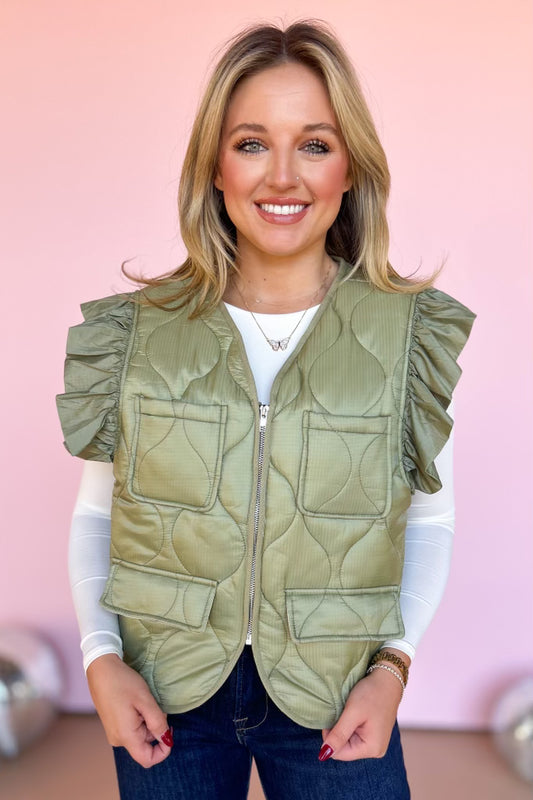 Olive Green Quilted V Neck Ruffled Detail Zip Front Vest