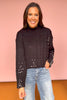 Black Mock Neck Distressed Jewel Embellished Sweater