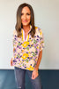 Purple Floral Print Dolman Sleeve Multi Stripe Placket Top