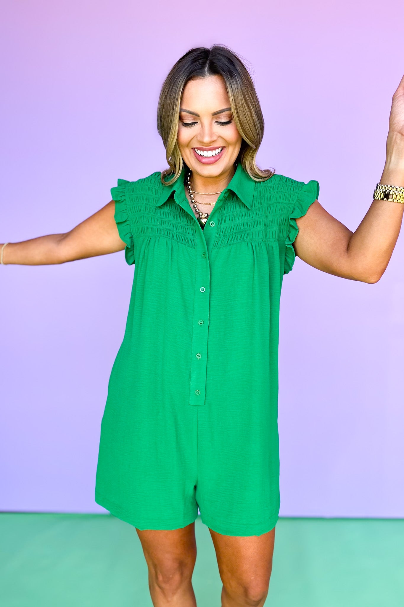 Green Smocked Yoke Ruffle Trim Sleeve Romper *FINAL SALE*