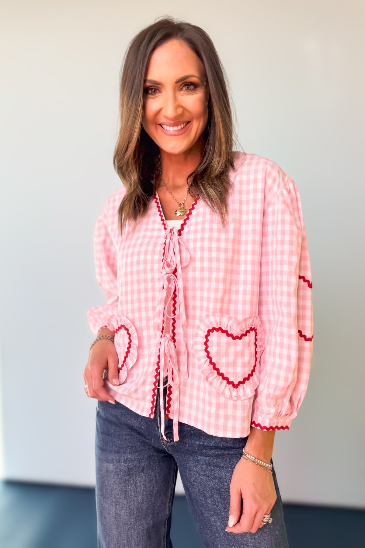Pink Gingham Pattern Heart Ric Rac Trim Pockets Top *FINAL SALE 