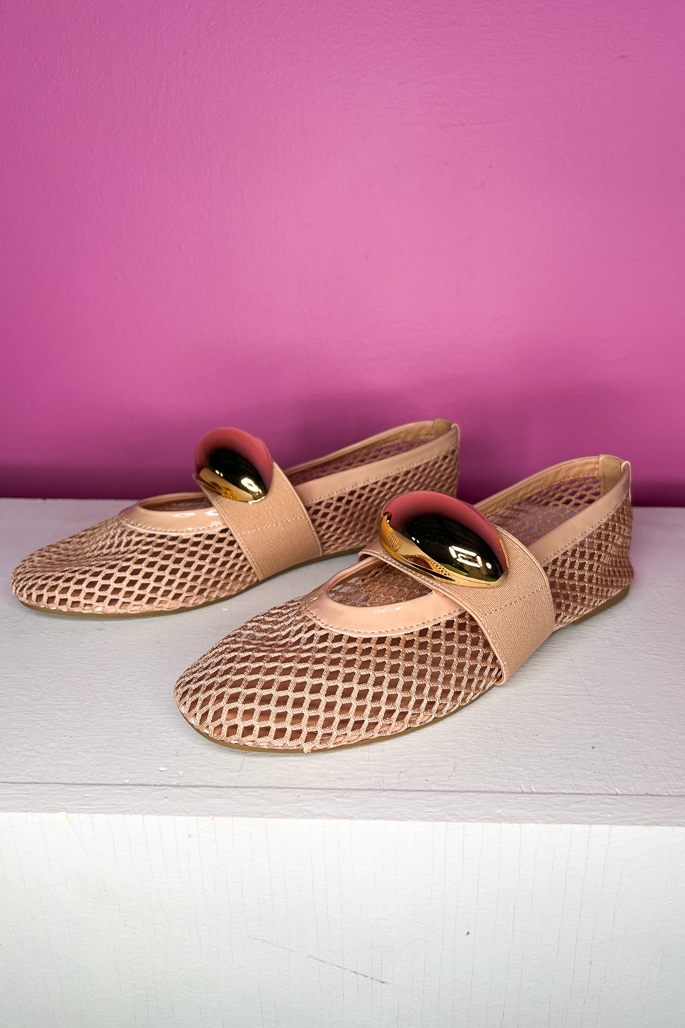 Nude Mesh Metal Ornament Band Ballet Flats