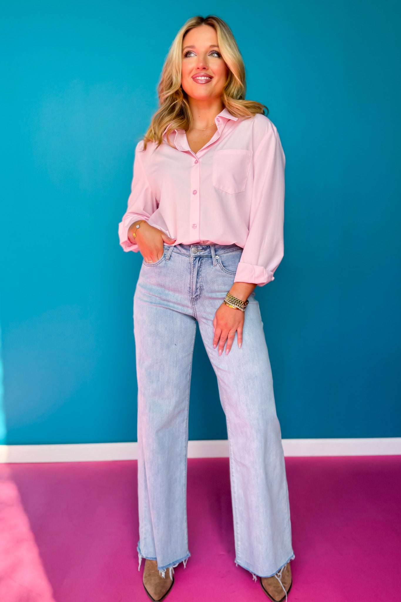 SSYS Merryn Collared Poplin Button Down Top In Baby Pink *FINAL SALE*