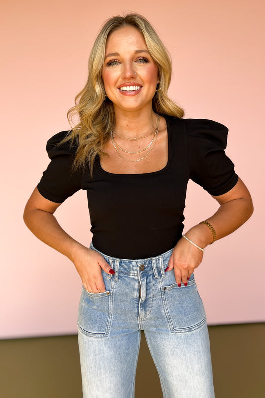  Black Knit Square Neck Puff Sleeve Top,, must have top, basic top, elevated basics, must have basic, elevated top, mom style, mom fashion, shop style your senses by mallory fitzsimmons, ssys by Mallory Fitzsimmons