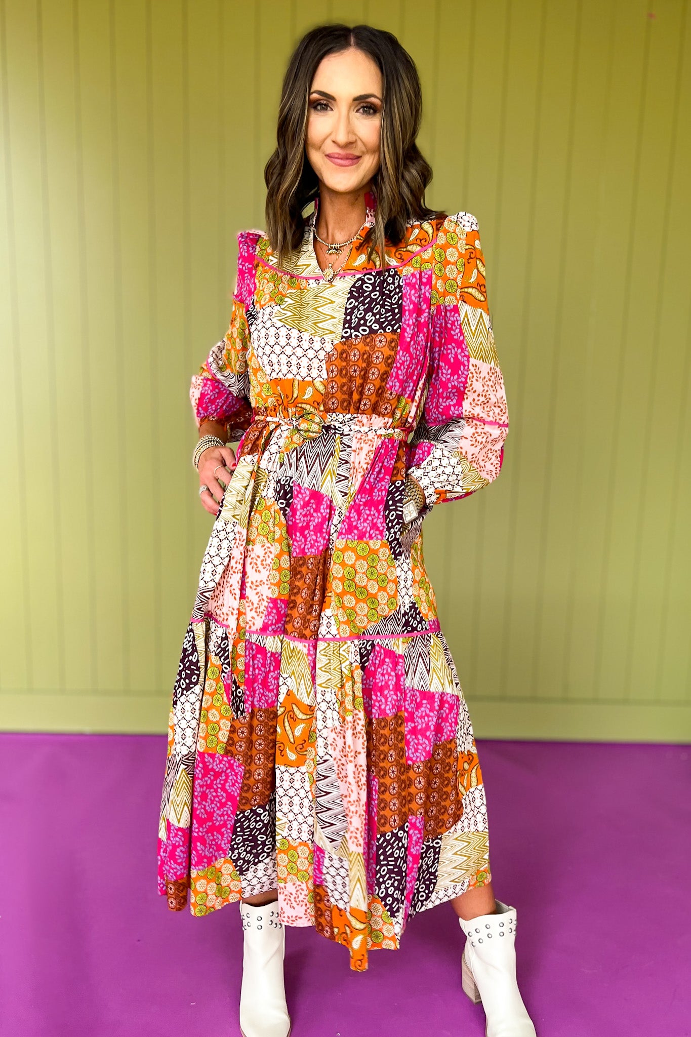 Orange Multi Patchwork Print Piping Detail Belt Midi Dress *FINAL SALE* Orange Multi Patchwork Print Piping Detail Belt Midi Dress *FINAL SALE*