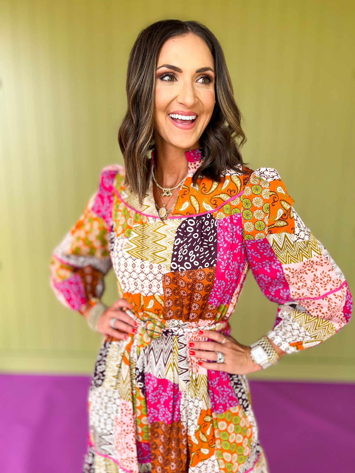 Orange Multi Patchwork Print Piping Detail Belt Midi Dress *FINAL SALE SSYS Orange Multi Patchwork Print Piping Detail Belt Midi Dress *FINAL SALE SSYS