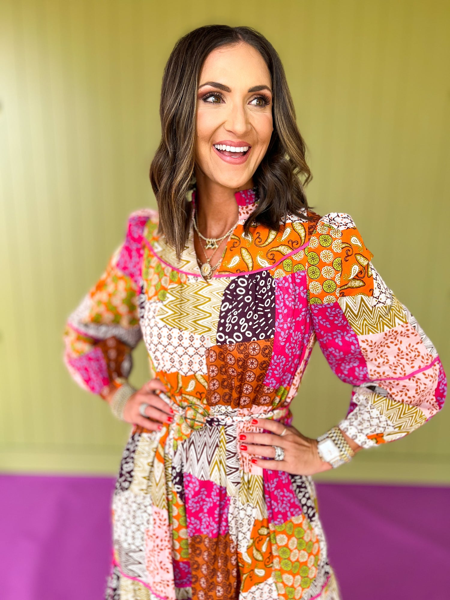 Orange Multi Patchwork Print Piping Detail Belt Midi Dress *FINAL SALE SSYS Orange Multi Patchwork Print Piping Detail Belt Midi Dress *FINAL SALE SSYS