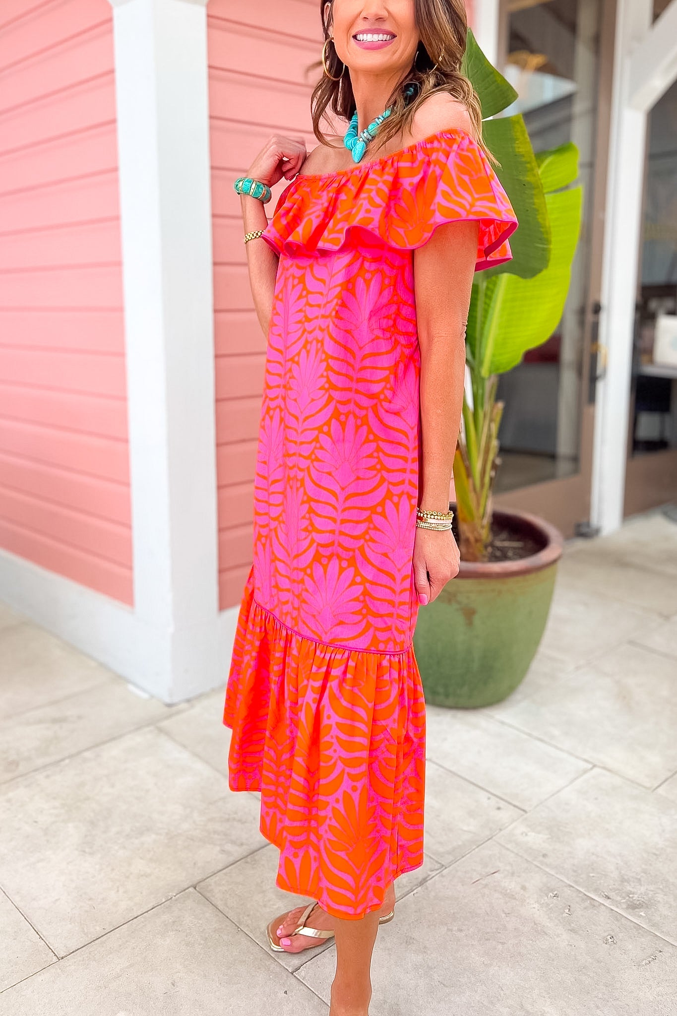 SSYS Lennon Printed Off The Shoulder Maxi Dress In Pink and Orange