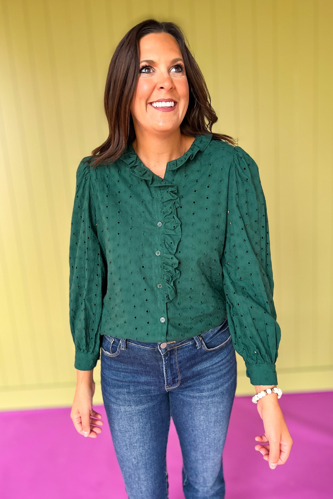 Hunter Green Eyelet Ruffle Neck Long Sleeve Button Down Top, fall top, new arrival top, new fall top, eyelet top, green top, perfect fall top, elevated basics, elevated style, chic style