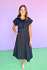 Black Collared Belted Waist Midi Dress