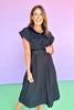 Black Collared Belted Waist Midi Dress