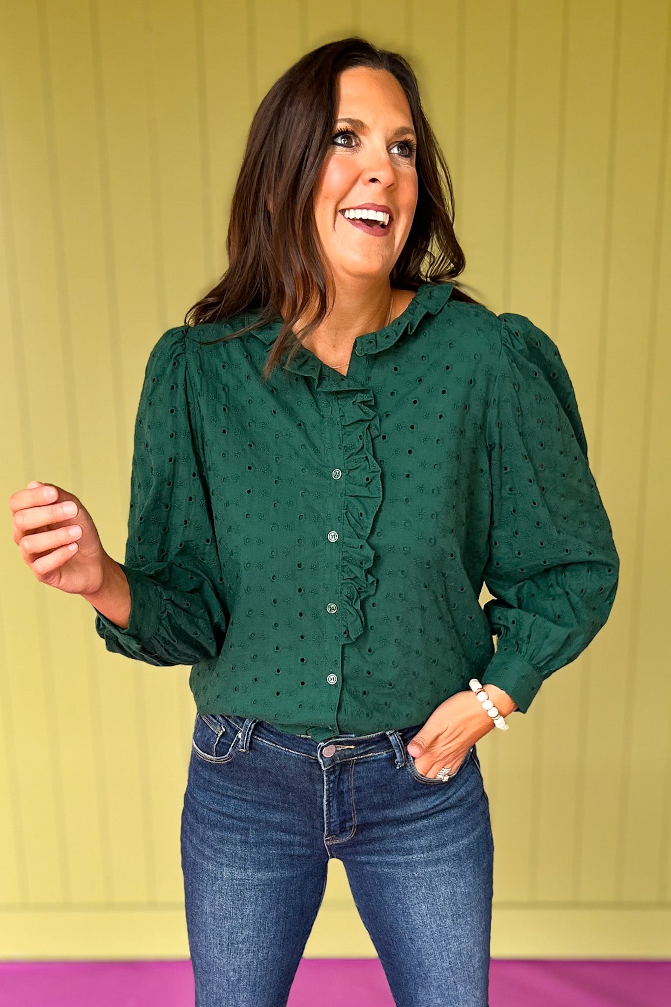 Hunter Green Eyelet Ruffle Neck Long Sleeve Button Down Top, fall top, new arrival top, new fall top, eyelet top, green top, perfect fall top, elevated basics, elevated style, chic style