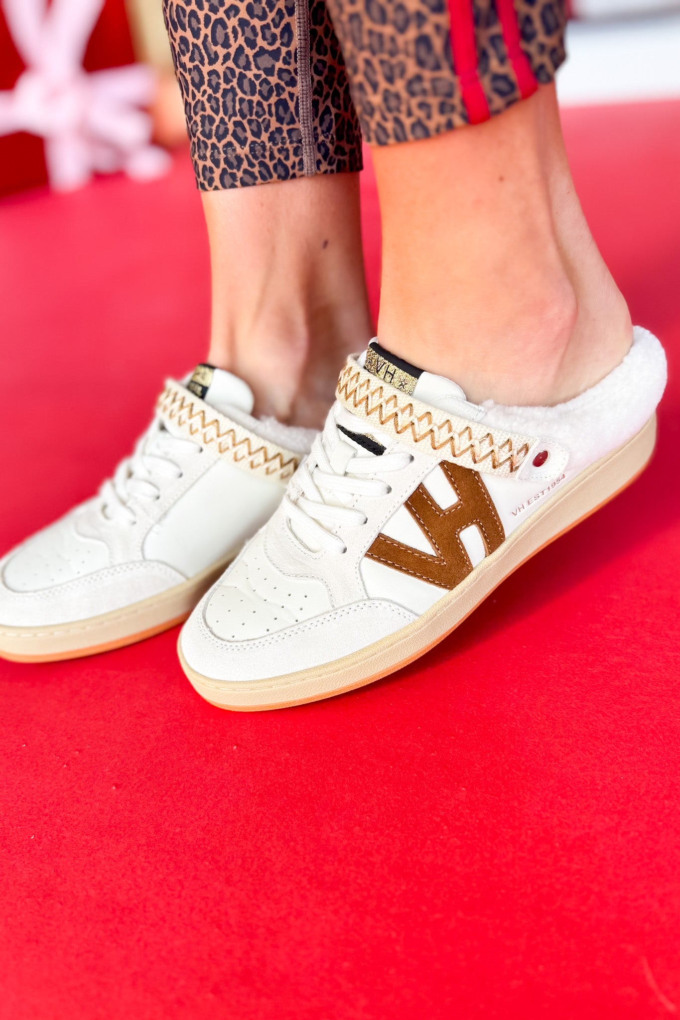 Vintage Havana Off White Embroidered Strap Fur Slip On Sneakers