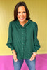 Hunter Green Eyelet Ruffle Neck Long Sleeve Button Down Top, fall top, new arrival top, new fall top, eyelet top, green top, perfect fall top, elevated basics, elevated style, chic style