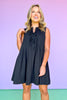 Black Pleated Round Neck Bow Tie Closure Sleeveless Dress