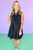 Black Pleated Round Neck Bow Tie Closure Sleeveless Dress