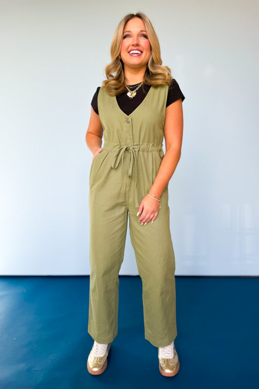 Olive Twill Sleeveless Drawstring Jumpsuit